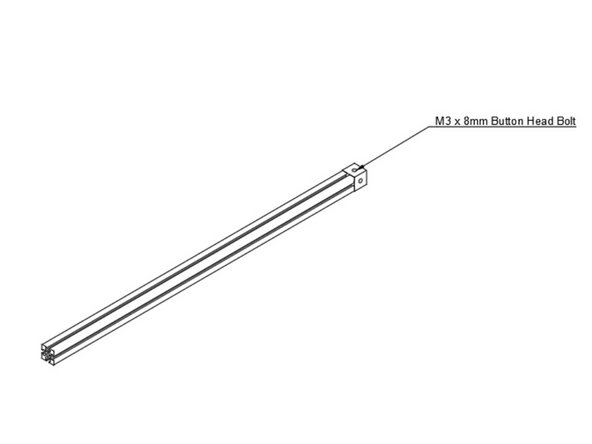 Use (1) M3 x 8mm Button head bolt to the 425mm bottom left extrusion. Note the orientation of the corner cube.