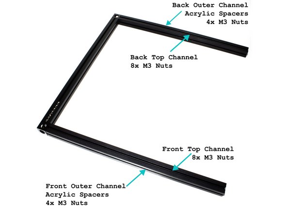 (8) M3 nuts go in the top channel of the back extrusion.