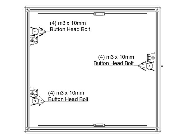 Install the (3) 1.8 degree Z steppers into the bottom panel using (4) M3 x 10mm button head bolts per stepper.  The connectors should point towards the right side of the printer.