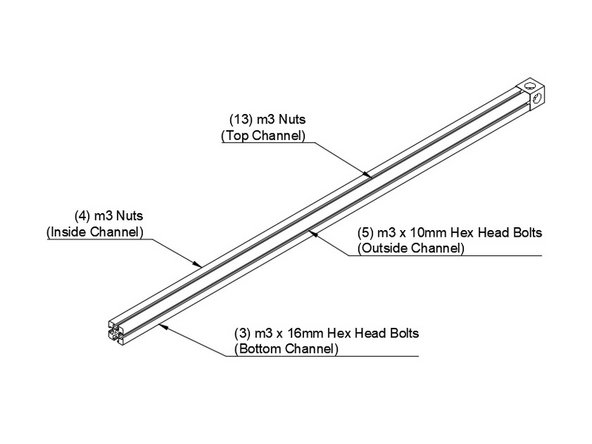 Slide (13) M3 nuts into the top channel (if installing the optional Halo, add six (6) more nuts in this channel for a total of 19)