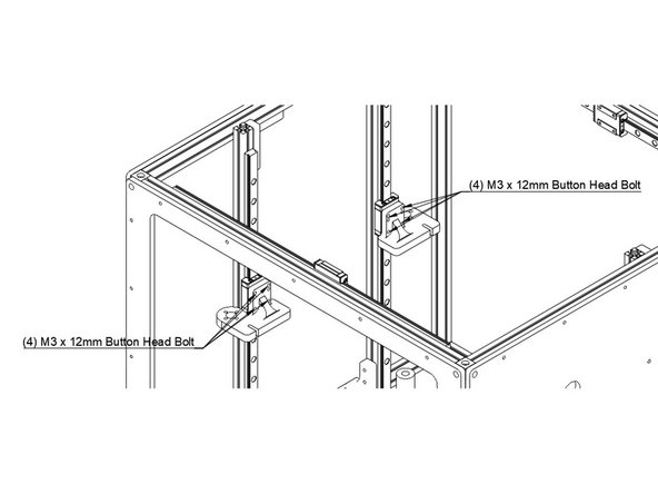 Install the (3)  Z Yokes onto the Z carriages using (4) M3 x 12mm Button Head Bolts each.  Note the orientation of the yokes in the pictures - ensure the hole for the leadscrew lines up over the stepper.