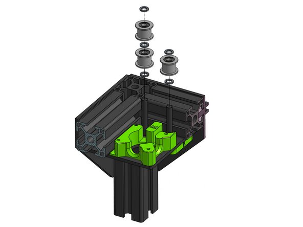 The right motor drive is very similar to the left one with the difference that the bottom belt is driven so there are two idlers at the bottom and one on top