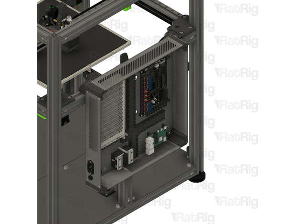 Install the electronics enclosure by positioning the upper mounts onto the 3030 extrusion as shown