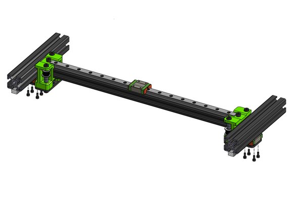 Attach the X gantry to the frame with 8x Cap Head Screws M3x8. Do not tighten those fully yet.