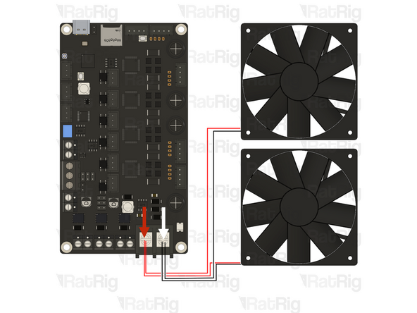 Cut the JST connectors on the cooling fans and crimp both red wires in the same ferrule, then insert it into the left power terminal of the rodent controller.