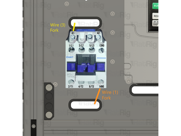 Insert wire (1) from the E-stop button into the panel hole. Guide it trough the shown path and insert it back into the designated slot. Lastly, secure the fork connector on the 14NO terminal of the Contactor.