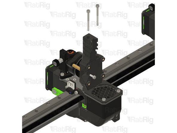 Insert the M3x35 screws into the Rat Rig toolhead vertical toolboard mount printed part and secure it onto the toolhead.