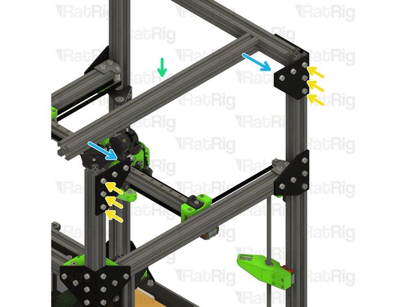 Position the corner plate assemblies on the 3030 extrusion ends as shown