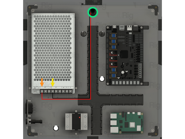 Insert the fork terminal on the red wire into any of the three terminals marked by the [ +V ] symbol on the power supply. Secure the fork terminal by tightening the screw