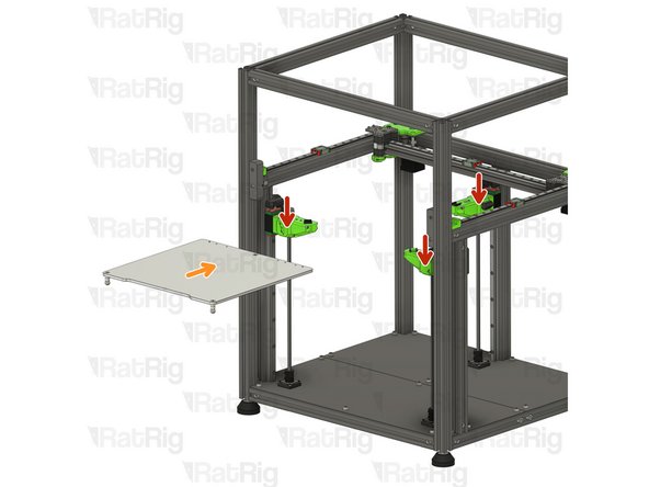 Rotate the lead screws by hand, to lower the Z arms 10-20mm, enough for the bed to be installed without hitting the gantry.