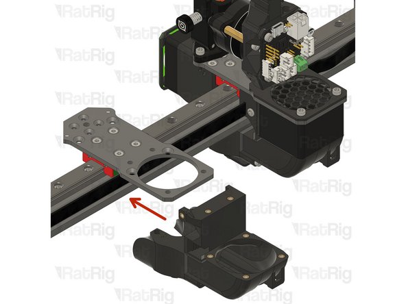 Carefully install the rear component and the duct sub-assembly onto the toolhead plate,  ensure that the belt connected to Toolhead T0 is properly positioned and remains clear of Toolhead T1.