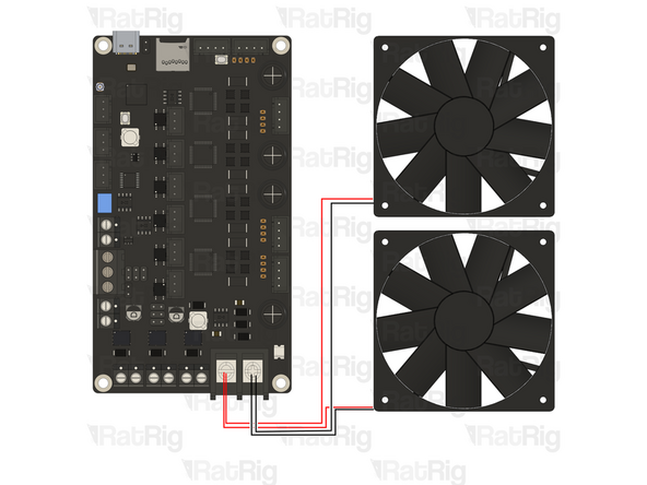 Cut the JST connectors on the cooling fans and crimp both red wires in the same ferrule, then insert it into the left power terminal of the rodent controller.