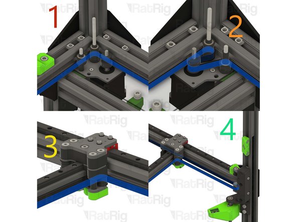 Take one end of the lower CoreXY belt, and feed it as shown:
