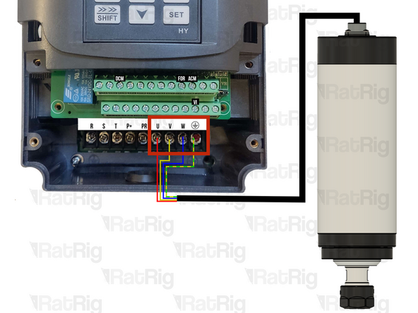 Connect the spindle cable to the VFD as shown, the wires are labed.