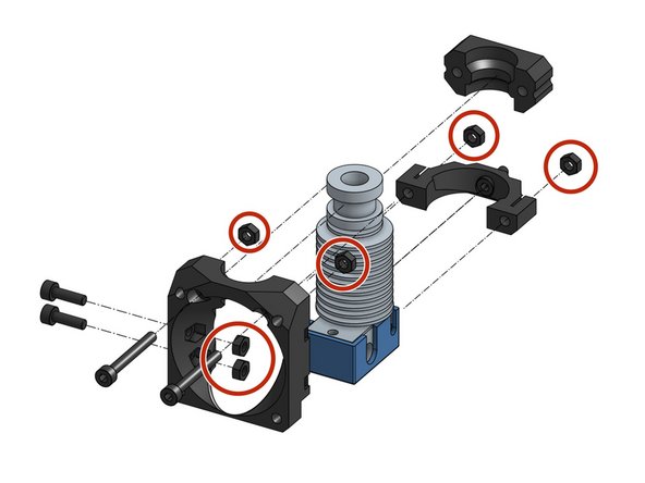 Push the 6 M3 hex nuts into the plastic parts