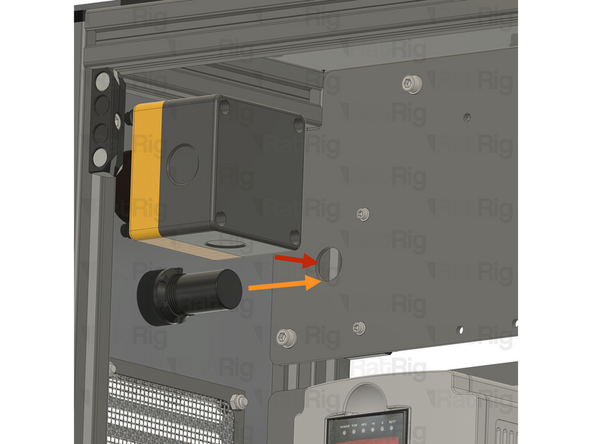 Insert wire (0) from the E-stop button into the panel hole. Guide it through the shown path and insert the ferrule end into the +24V PTFix block.