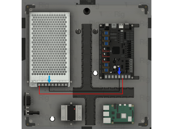 Insert the fork terminal on the other end of the wire into the sixth terminal from the left on the Octopus motherboard. Secure the fork terminal by tightening the screw