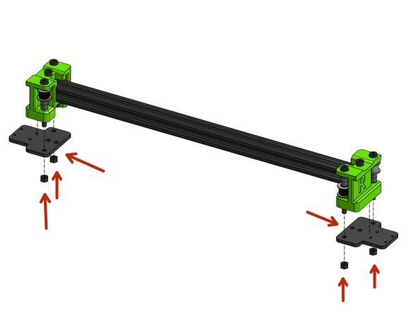 Slide the two XY plates on the M5 screws and bolt them down with M5 nuts