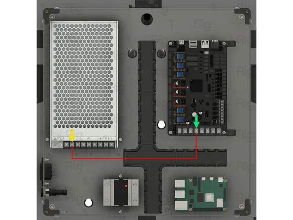 Insert the fork terminal on one end of the wire into the middle of the three terminals marked by the [ +V ] symbol on the power supply. Secure the fork terminal by tightening the screw