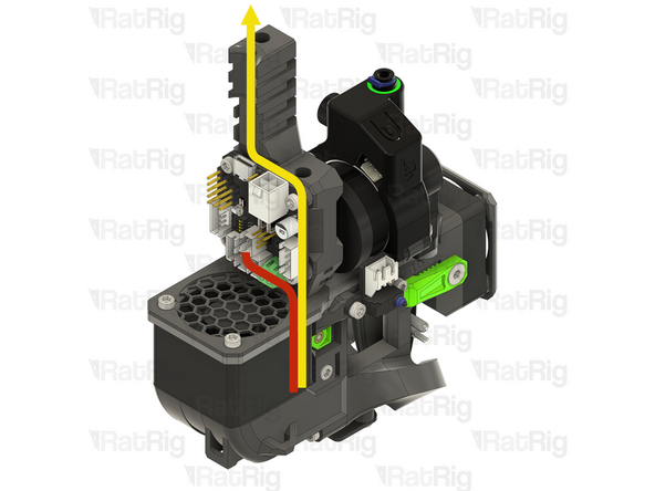 Route the single white wire on the 4028 part cooling fan extension cable to the toolboard as shown
