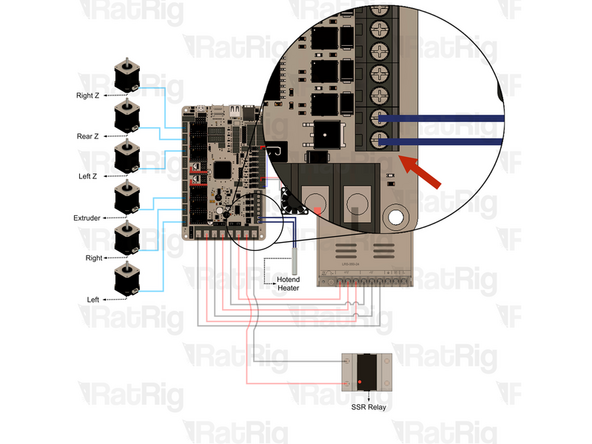 Loosen the two screws on the terminal and pull out the hotend heater wiring from the Octopus motherboard