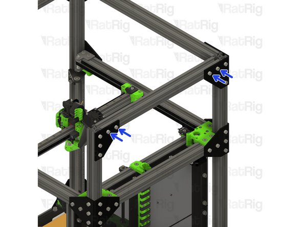 Secure the corner plates to the extrusions by fastening the marked M6x12 screws
