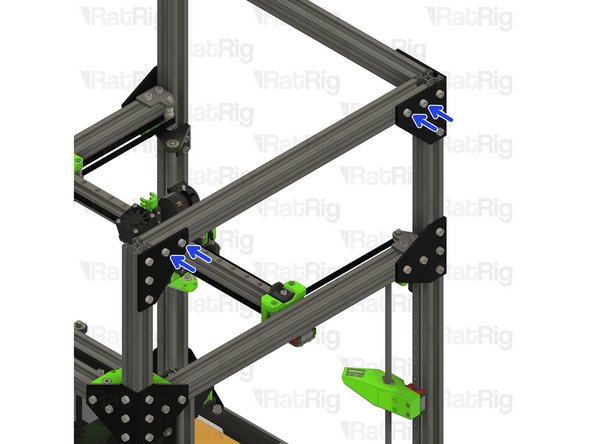 Secure the corner plates to the extrusions by fastening the marked M6x12 screws