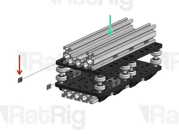 Place the Z C-Beam profile on the opposite side of the 2 carriages. The ends of the profile should be flush with the ends of the carriages.
