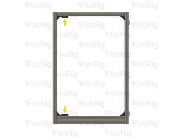 Position the magnetic latch assemblies onto the upper and lower extrusions as shown. They should touch the 3030 cast 90 degree corners