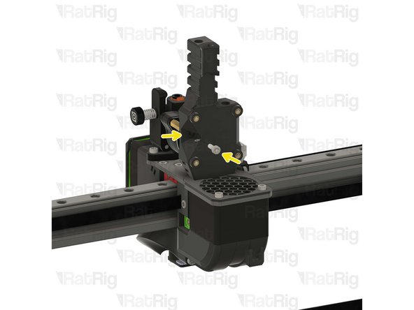 Insert the M3x35 screws into the Rat Rig toolhead vertical toolboard mount printed part and secure it onto the toolhead.
