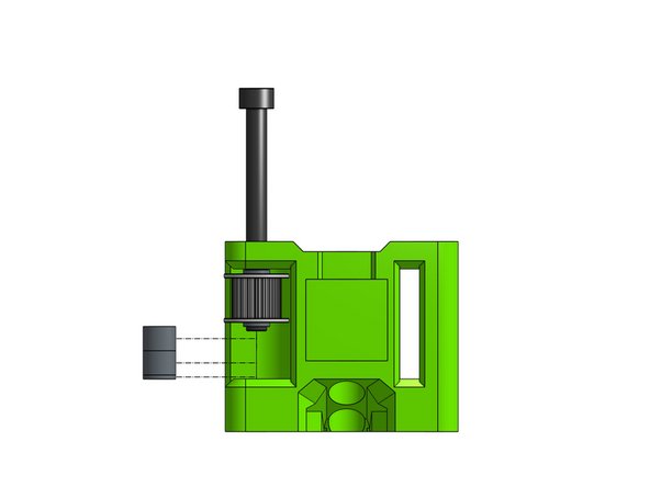 Step by step insert the screw while adding the stack parts onto it: micro shim, toothed idler, micro shim, 2x 6mm spacers, mini shim