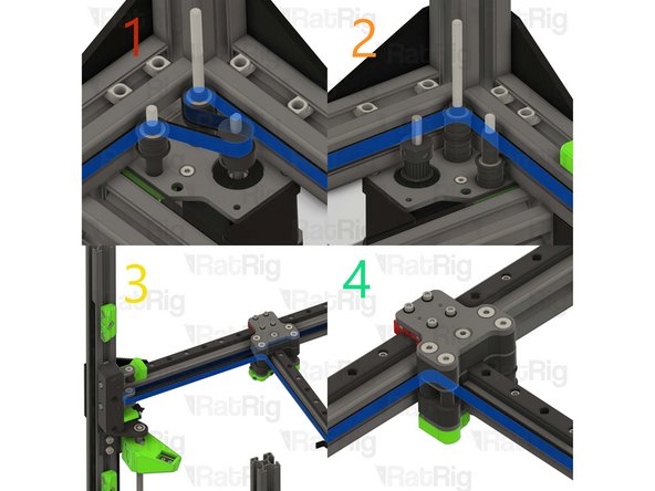 Take one end of the upper CoreXY belt, and feed it as shown: