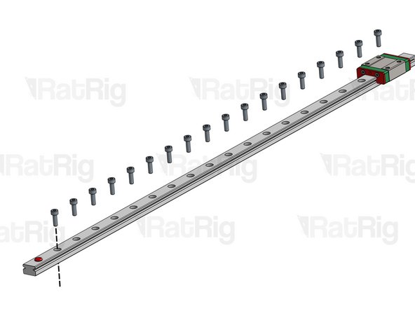 With the linear rail on a work surface, carefully install an appropriate length M3 socket head cap screw into each mounting hole on the rail.