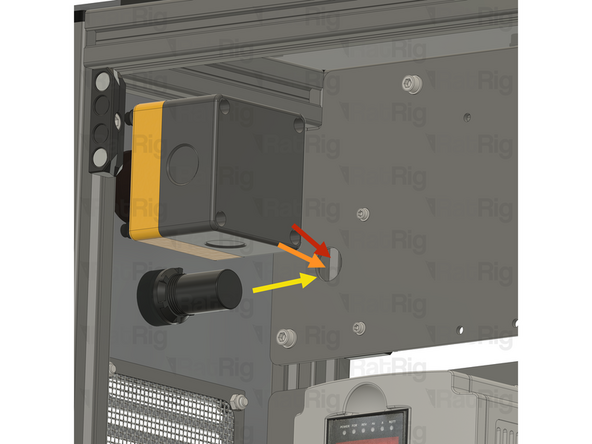 Insert wire (0) from the E-stop button into the panel hole. Guide it through the shown path and insert the ferrule end into the +24V PTFix block.