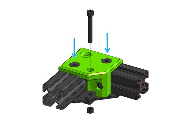 Fasten the xy_idler_right to the frame with the two Countersink Screws M6x14 and one Cap Head Screw M6x12 that goes in from the side