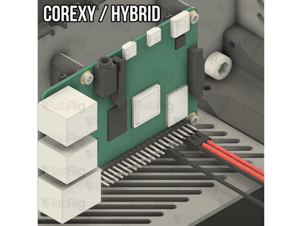 The power connections for the Raspberry Pi are the same regardless of which variant of V-Core 4.0 you are building. If building the IDEX variant, the connections are made to the GPIO header on the Waveshare USB hat instead of directly to the Raspberry Pi GPIO header
