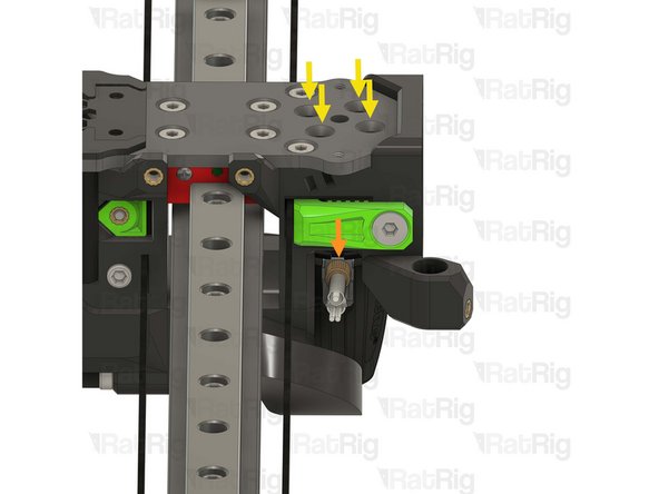 Insert the Rapido hotend into the toolhead from the underside, making sure to route the cables through the slot on the left side of the toolhead
