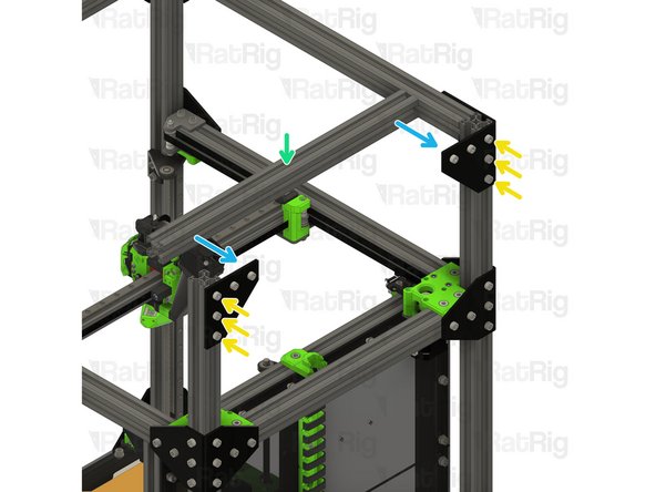 Position the corner plate assemblies on the 3030 extrusion ends as shown