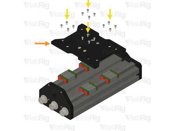 Using the 16x M3x6 Cap Head screws, fasten the XY joiner plate assembly to the mgn15 carriages.