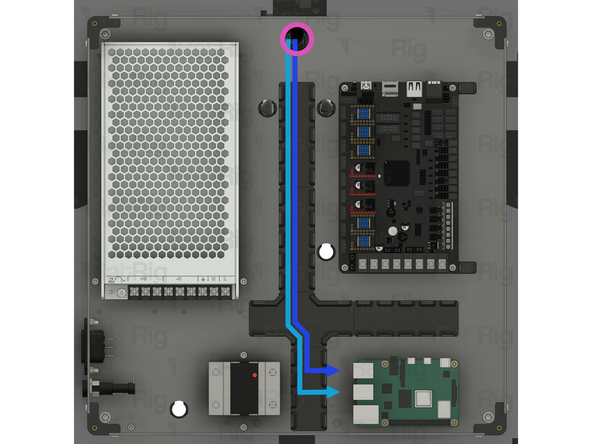 Insert the fork terminal on the black wire into any of the three terminals marked by the [ -V ] symbol on the power supply. Secure the fork terminal by tightening the screw
