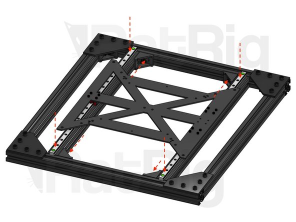 Place the Y axis assembly into the base of the frame. The tips of the linear rails must rest flat on top of the 492mm profiles, to prevent torsion.