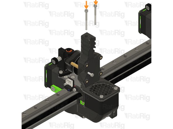 Insert the M3x35 screws into the Rat Rig toolhead vertical toolboard mount printed part and secure it onto the toolhead.