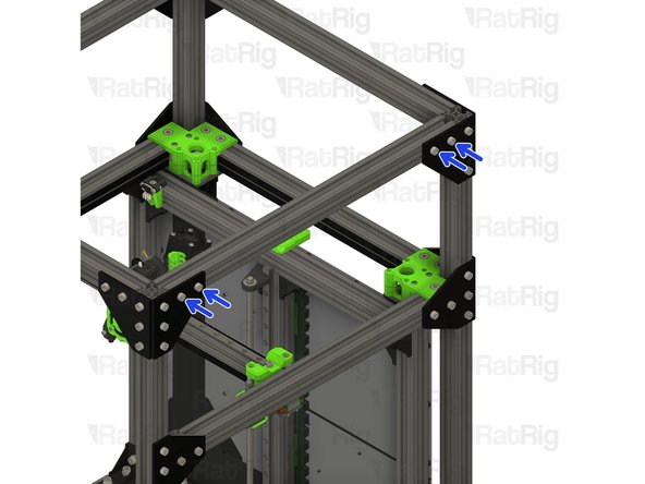 Secure the corner plates to the extrusions by fastening the marked M6x12 screws