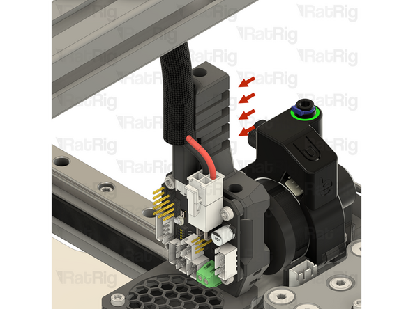 Secure all four toolhead cables (Toolboard USB, Toolboard Power, Beacon and 4028 part cooling fan power) to the umbilical mount on the toolhead, using cable ties