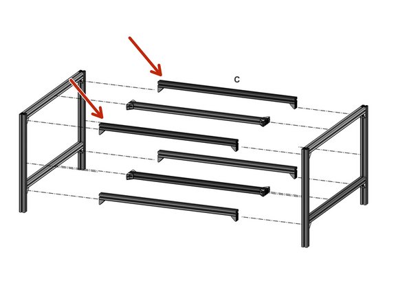 Attach Cast Corner Brackets to the remaining profiles, as pictured, and connect them to the side frames by fitting the t-nuts inside the slots and tightening the screws.