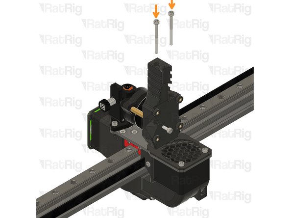Insert the M3x35 screws into the Rat Rig toolhead vertical toolboard mount printed part and secure it onto the toolhead.