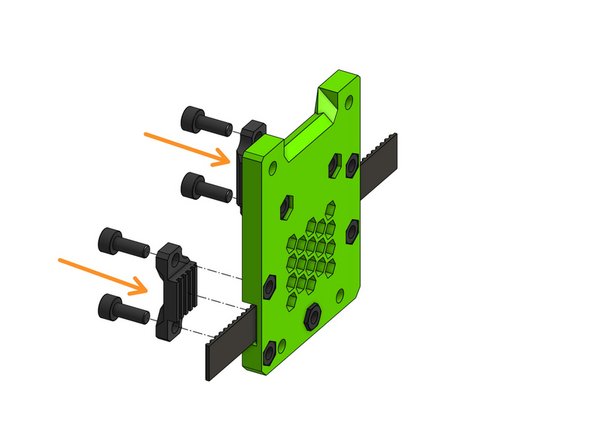 Attach the belt grabbers with M3x8mm. The belt does not have to end flush with the groove, it can go over it.