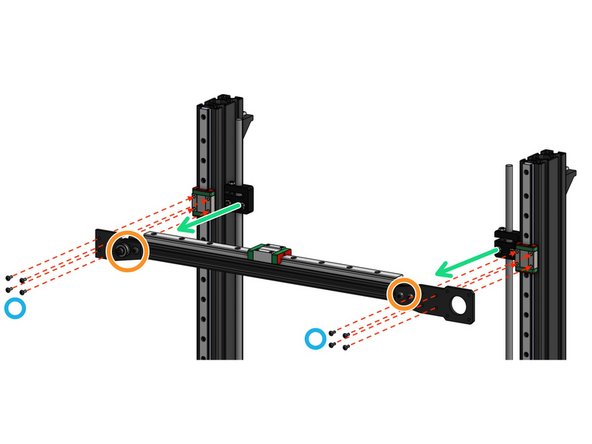 Button Head M3x8mm. Attach the X axis to the linear rail carriages.