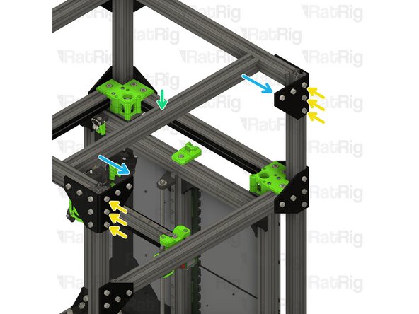 Position the corner plate assemblies on the 3030 extrusion ends as shown