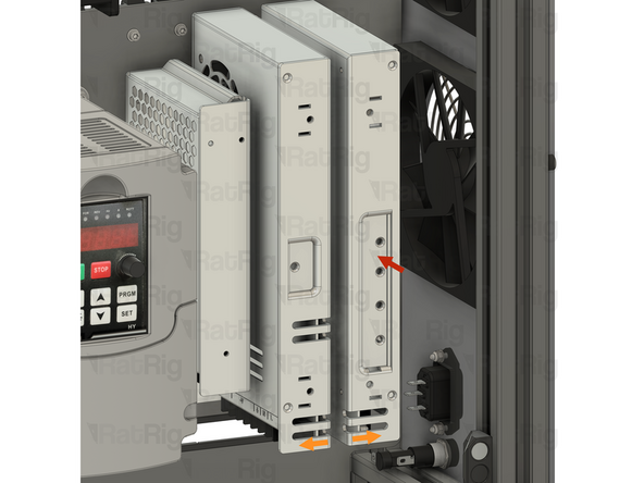 Install the power supply as shown, securing it by screwing the M4x8 screws into the threaded holes on the side of the PSU body